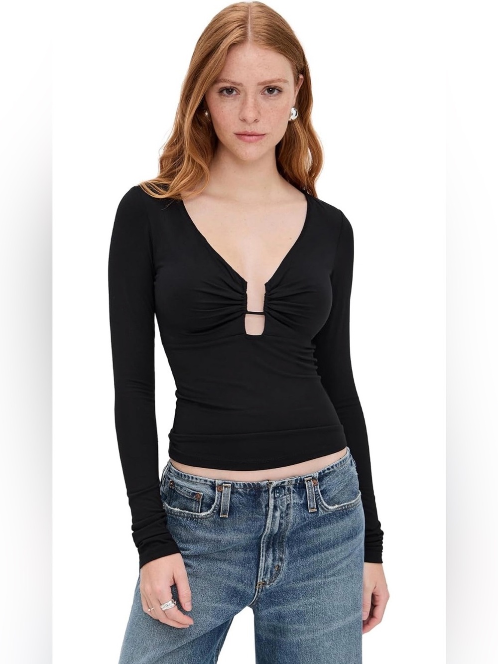 Good American Black Ruched Plunge Long Sleeve Top XS NWT